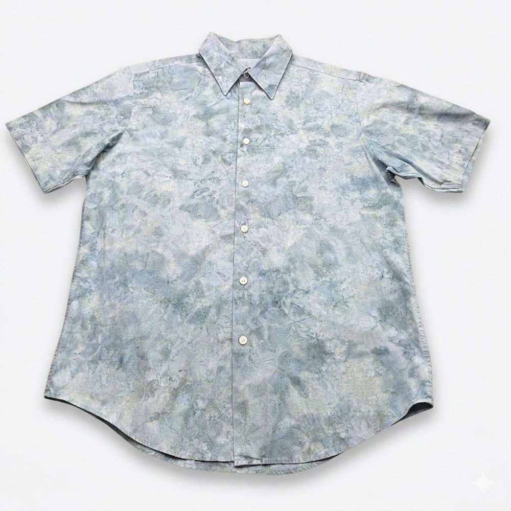 Material London Mens Medium Short Sleeve Button Up Shirt Blue Batik Cloud Cotton